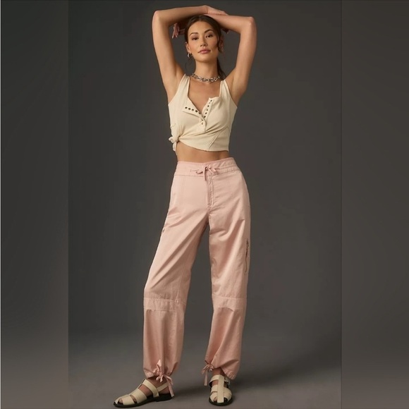 ANTHROPOLOGIE Pilcro Satin Cargo Parachute Pants Pink Combo Size 31 NEW - Picture 1 of 12